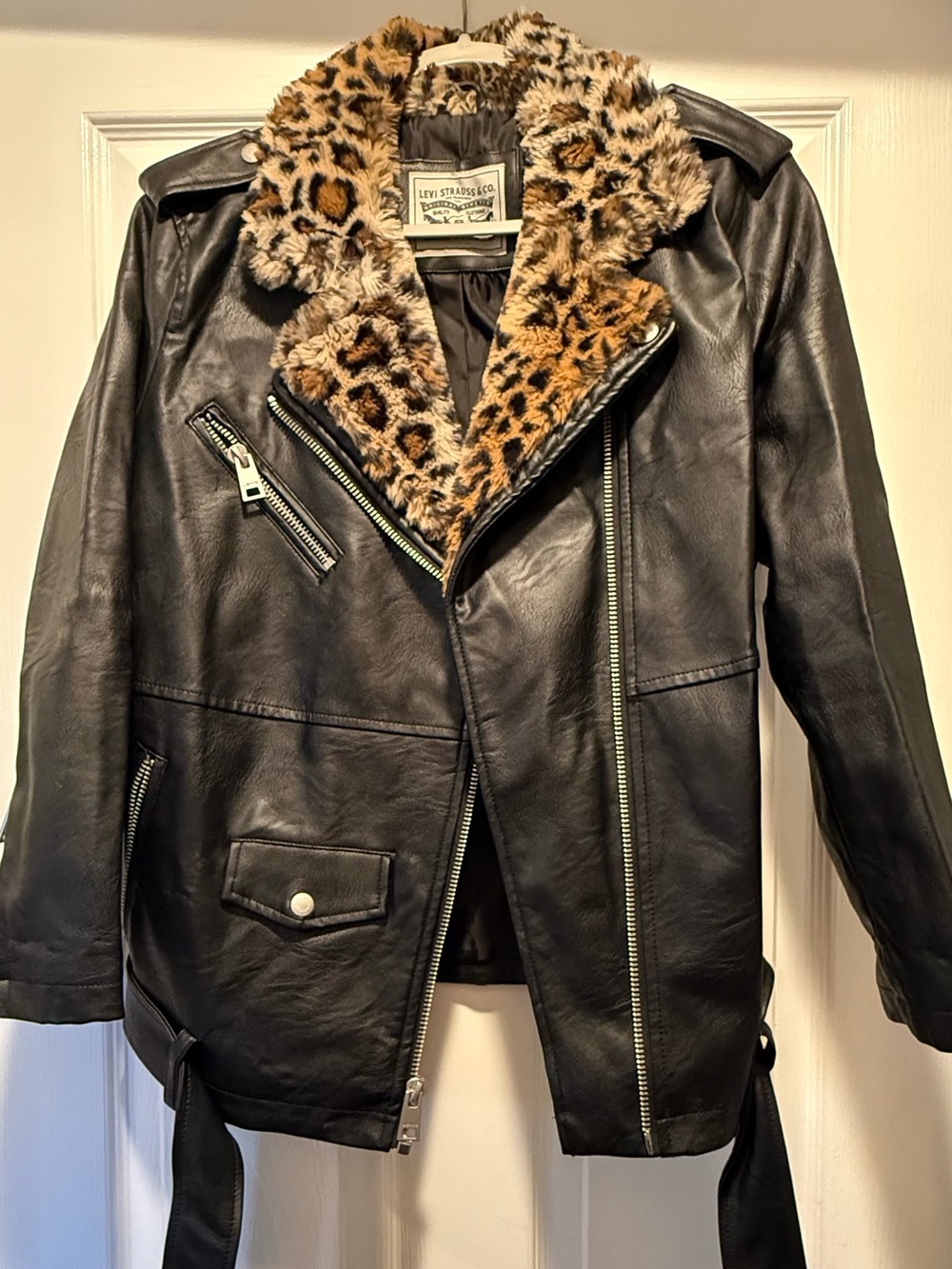Levi's Black Leather Jacket with Leopard Faux-Fur Collar